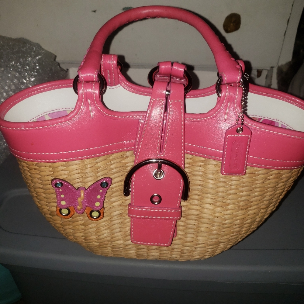 Pink Leather Coach Butterfly Straw Bucket Bag Satc